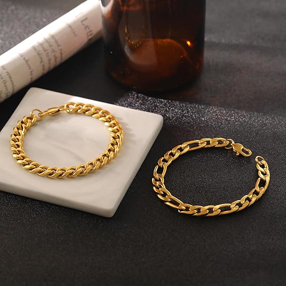 2Pcs Stainless Steel Bracelets for Men Gold Silver Cuban Link Figaro Rope Chain Bracelet Set Curb Width Sturdy Bracelet 7.5/8.3/9 Inches Jewelry Gifts for Dad Boyfriend Husband