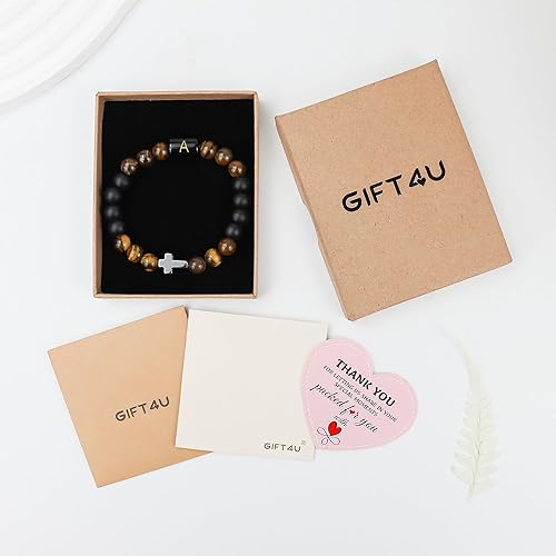 Gifts for Dad Husband Grandpa Boyfriend Son, Cross Bracelet for Men Initial Bracelet Natural Stone Tigers Eye Beaded Bracelets Christian Religious Birthday Gifts for Men Teen Boys