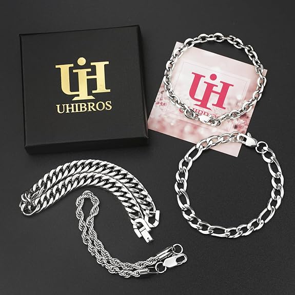 UHIBROS 316L Stainless Steel Chain Bracelet for Men Women, 18K Gold Sturdy Metal Link, Silver Black Cuban/Figaro/Paperclip/Rope Fashion Jewelry Set for Dad, Boyfriend, Husband, Girlfriend