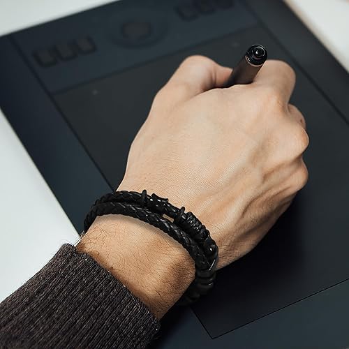 TEEZWONDER Bracelet Gifts For Men Dad - Double-Row Black Braided Leather Bracelet - Christmas Birthday Gifts For Him, Wedding Anniversary Presents for Husband from Wife