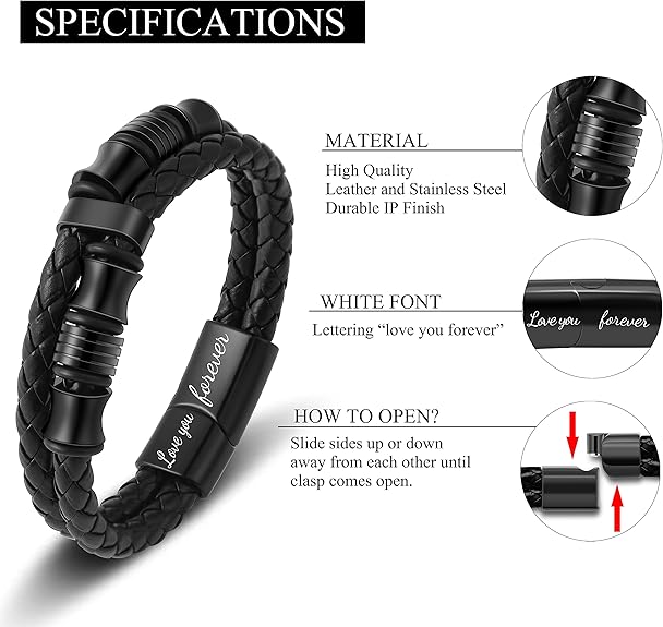 𝐆𝐢𝐟𝐭 𝐟𝐨𝐫 𝐌𝐞𝐧 Braided 𝐋𝐞𝐚𝐭𝐡𝐞𝐫 𝐁𝐫𝐚𝐜𝐞𝐥𝐞𝐭 for Men Dad Husband Boyfriend Son Grandson Brother Stainless Steel Clasp Engraved with Love You Forever Jewelry Birthday Gift 7.5 8.5 9 Inch